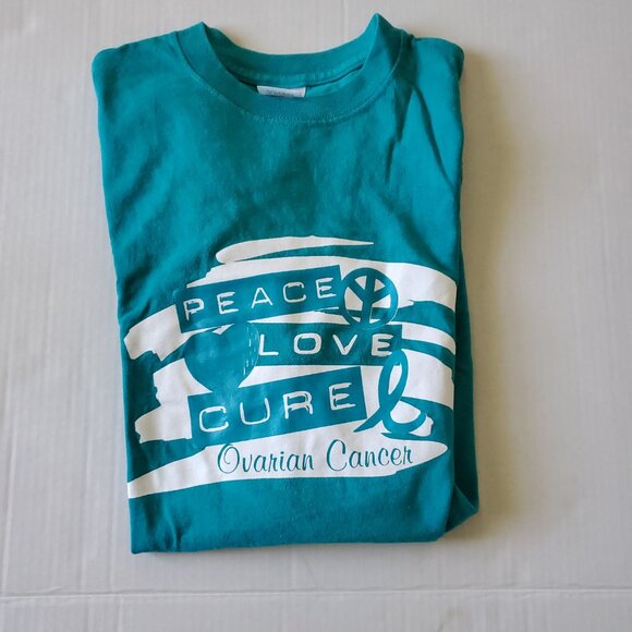 Peace Love Cure Ovarian Cancer Crew Turquoise Blue Short Sleeve T-shirt Medium - Picture 1 of 11